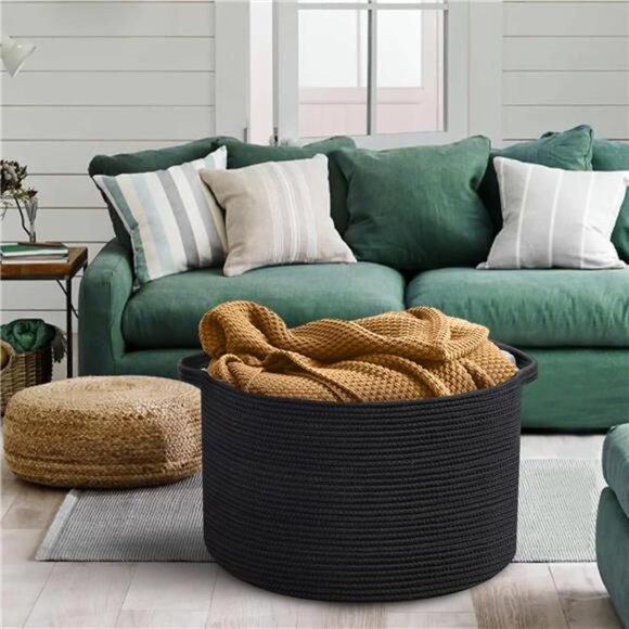 Large Black Blanket Basket, 22" X 22" X 14" Woven Rope Baskets for Storage, Kids - Picture 4 of 7